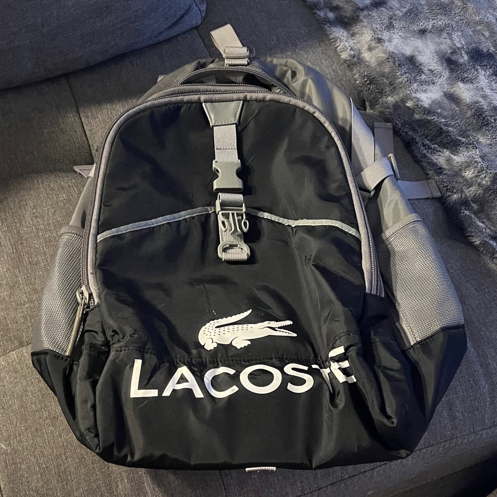 Lacoste Men's Black and Gray Backpack with Logo